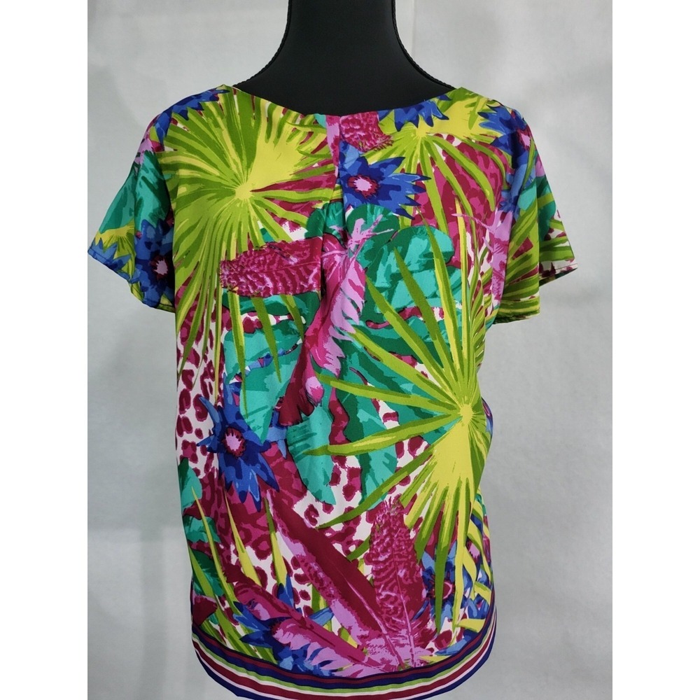 Rafaella Women's Tropical Print Short Sleeve Blouse Colorful Floral Top Size M